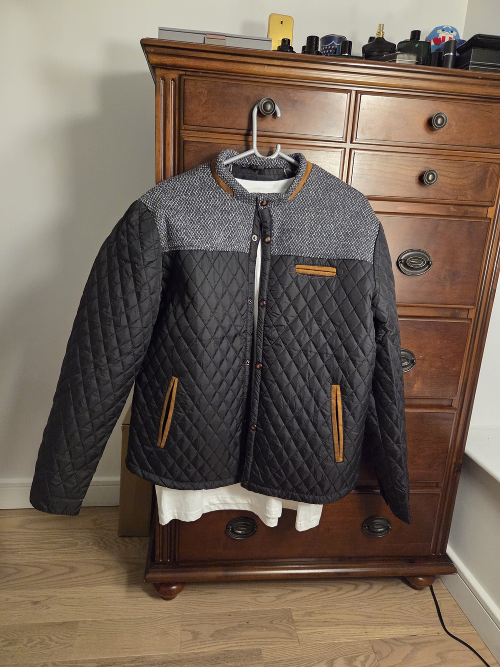 Quilted Black Jacket with Contrast Tweed Yoke and Tan Trim